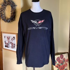 Vintage CORVETTE Size Large Race-Flags Logo Graphic Cotton Longsleeve TeeShirt